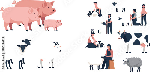 Farm Animal Vector Illustration Collection Featuring Pig, Cow, Goat, Sheep, and Farmer Designs Depicting Agriculture, Livestock, and Rural Life Artwork
