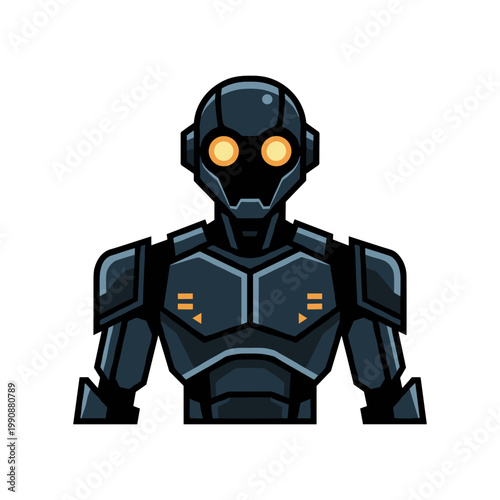 A robotic bust with glowing orange eyes and dark armored plating stands ready for action.