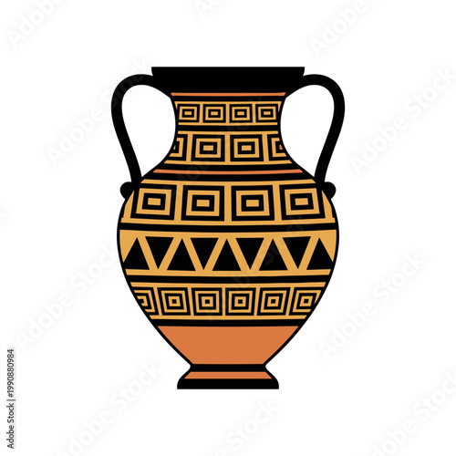 An ancient Greek amphora with black and orange geometric patterns and two prominent handles.