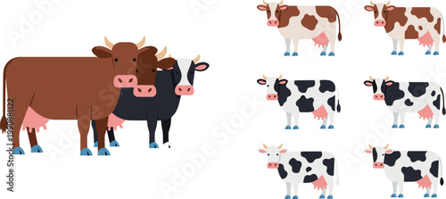 Farm Animal Cow Vector Illustration Collection Featuring Brown, Black, and White Cattle Designs for Agriculture, Dairy, and Educational Artwork