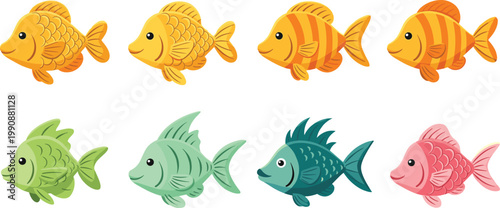 Cute Colorful Cartoon Fish Collection in Orange Green Teal and Pink Various Species Flat Vector Illustration Set for Aquatic Design