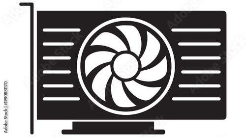 A black and white vector illustration of a computer graphics card with a prominent fan and heat sink design, suitable for use in technology and computing marketing materials.