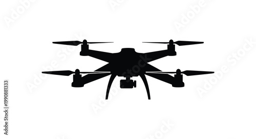 A black drone with four rotors is shown in a stark silhouette