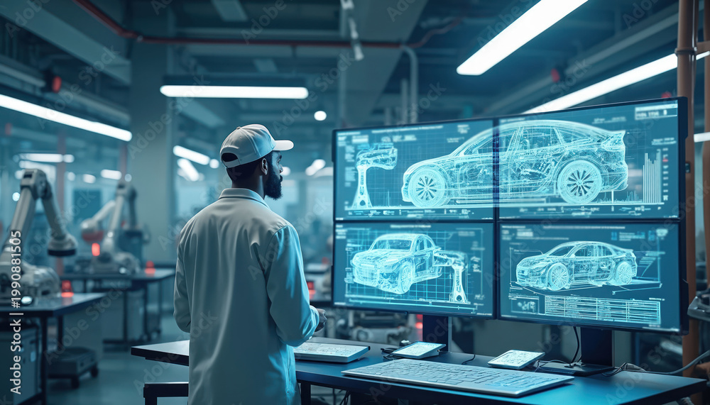 Fototapeta premium Engineer reviews digital car blueprints on multiple screens. Robotic arms visible in background of modern factory. Futuristic auto industry concept.