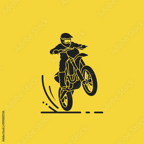 Black silhouette of motorcyclist riding bike on yellow background