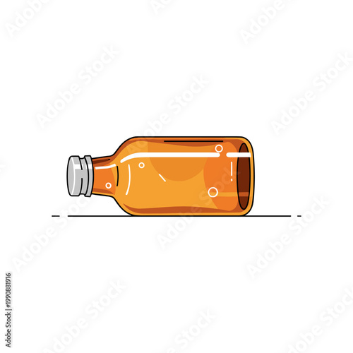 A horizontal illustration of a translucent orange liquid bottle with a silver cap and a subtle highlight rests on a dashed line.