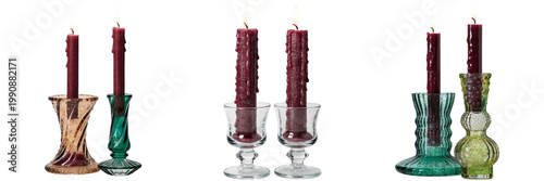 Set of Two lit maroon candles in color glass holders isolated on a transparent background 