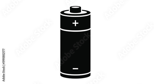 Simple black and white illustration of a cylindrical battery with positive and negative signs
