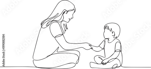 Continuous line drawing of a woman and a child sitting on the floor holding hands