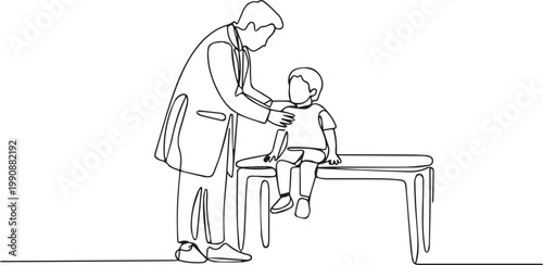 A doctor examining a young child on a medical table in a clinic