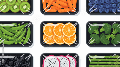 A colorful array of fresh fruits and vegetables neatly packaged, showcasing organic options for health-conscious shoppers and emphasizing the importance of fresh produce in diets.