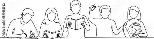 Continuous line drawing of five people reading and learning together