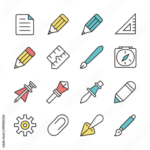 A colorful vector graphic illustration of various stationery and drawing tools icons