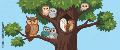 A cluster of adorable owls of various shades perches together on a tree branch, portraying camaraderie and connection among these wise birds in a serene natural setting.