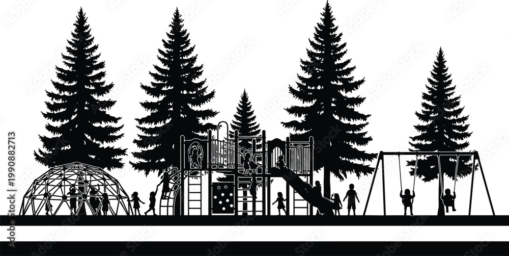 Obraz premium Playground, park, children, silhouette, forest, trees, kids, playing, outdoor, recreation, swing, slide, activity, nature, lifestyle