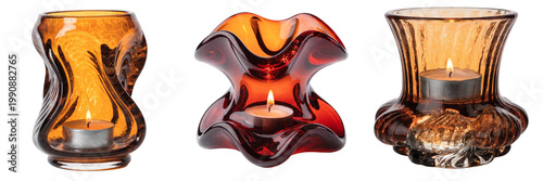  Set of one amber glass candle holders with lit tea light candle casting a warm glow isolated on a transparent background