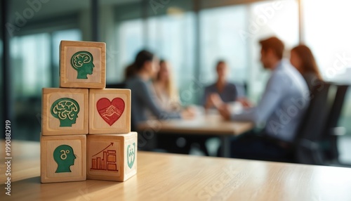 Wooden blocks show health icons brain, heart, people, growth. Represents employee wellbeing programs, mental, physical health in office. Supports satisfaction. Diverse team meeting blurred background.