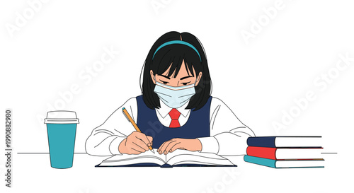 Dedicated student wearing protective face mask studies at a desk with textbooks and notebook during global pandemic health measures.