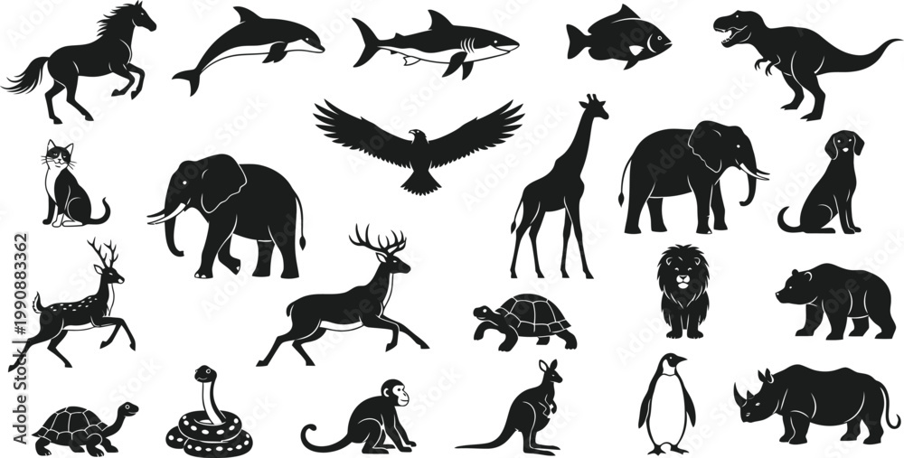 Fototapeta premium Diverse collection of black and white silhouette animals from various habitats Vector
