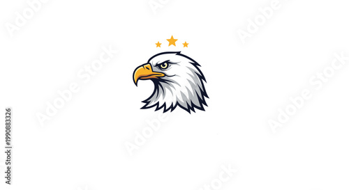 Fierce bald eagle head mascot logo with yellow beak and white feathers adorned with three gold stars on clean white background for sports branding.