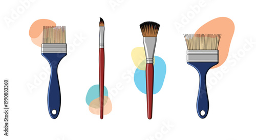 Collection of various art paint brushes with different bristle shapes and blue handles displayed against colorful abstract shapes for creativity.
