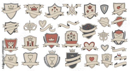 Large collection of heraldic shields and crests with various symbols like crowns and castles decorated with ribbons and wreaths for classic design.