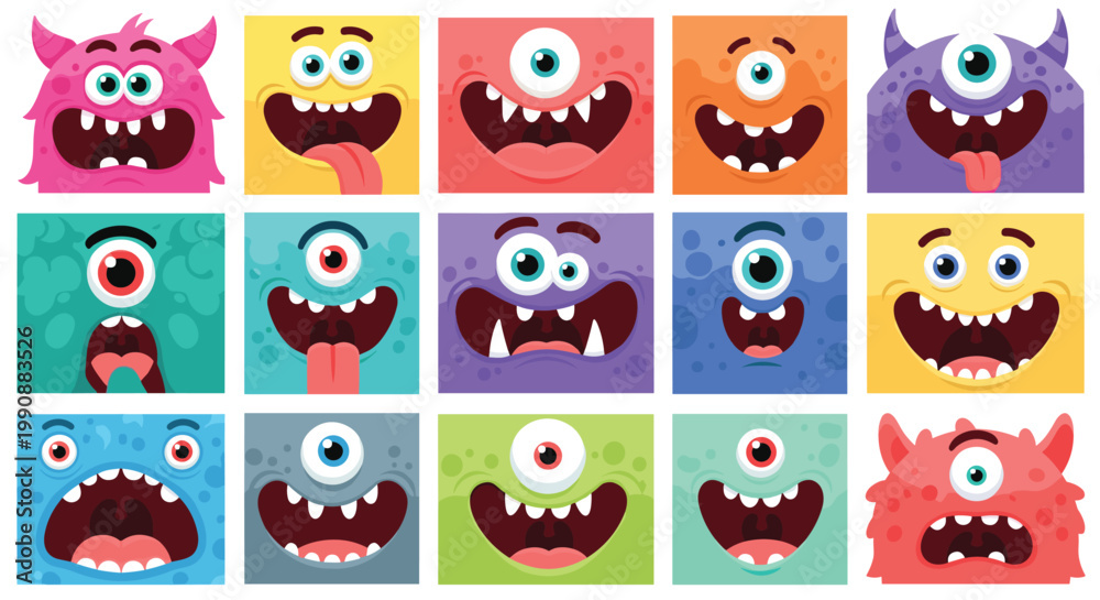Fototapeta premium Grid of colorful cartoon monster faces with diverse eyes, teeth, and funny expressions for kids character design and stickers.
