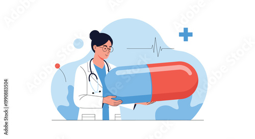 Healthcare professional in a white lab coat holds a large blue and red medicine capsule against a medical background.