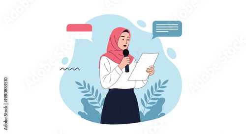 Young woman wearing a pink hijab speaks into a microphone while holding speech notes for a formal presentation event.