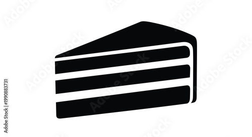 A simple black silhouette of a single slice of layered cake