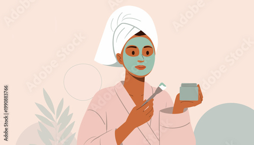 Woman applies face mask while holding brush and bowl in bathroom
