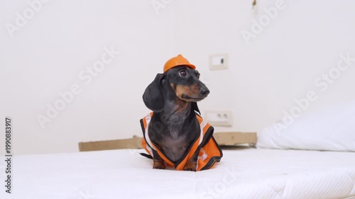 Dachshund dog in orange reflective vest and orange hard hat sitting on white surface indoors, funny construction worker breed concept, humorous pet lifestyle, creative scene.