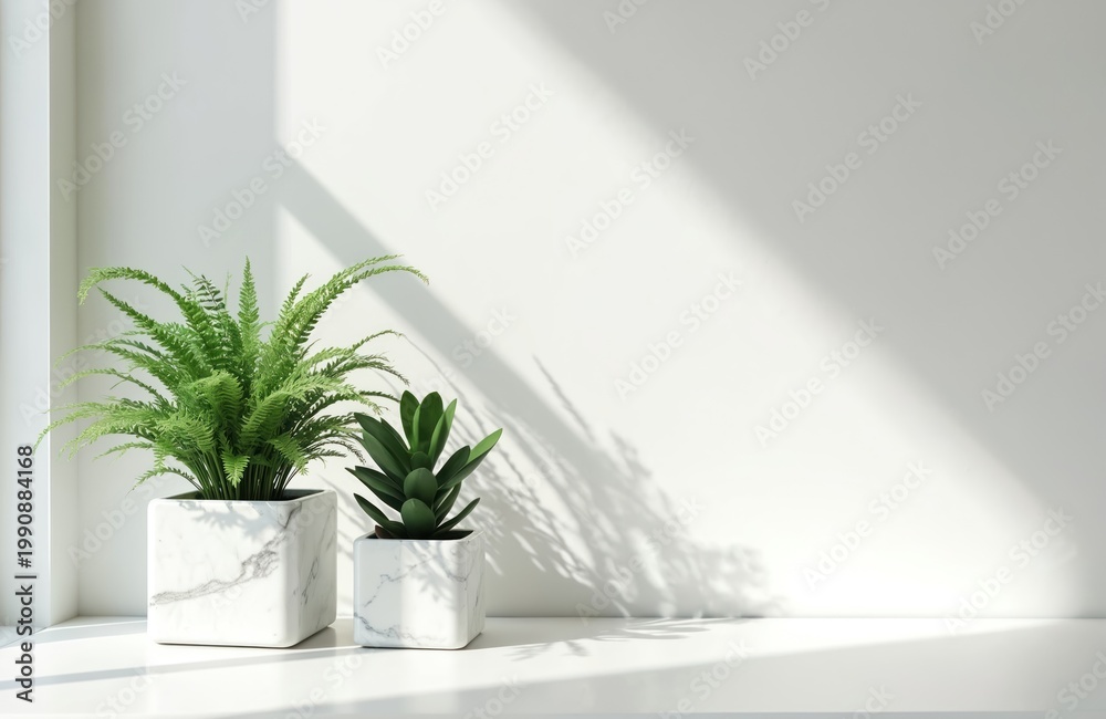 Fototapeta premium Two potted green plants sit on a white table by a wall. Sunlight casts shadows across the bright, clean space. Perfect for home decor or wellness content.