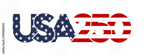 USA 250th independence day anniversary vector typography with American flag stars and stripes pattern. Patriotic design for the United States Semiquincentennial celebration in 2026.