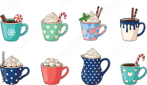 Cute Cozy Winter Hot Chocolate and Coffee Mug Collection with Whipped Cream Candy Cane and Marshmallow Flat Vector Illustration Set