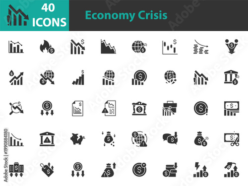 set of financial crisis icons, economy, recession, stagflation