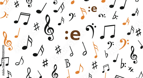 Seamless background pattern featuring black and golden musical notes, clefs, and symbols on a white field for artistic music design.