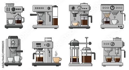 Collection of various coffee makers and espresso machines including manual, electric, and french press styles for beverage brewing.