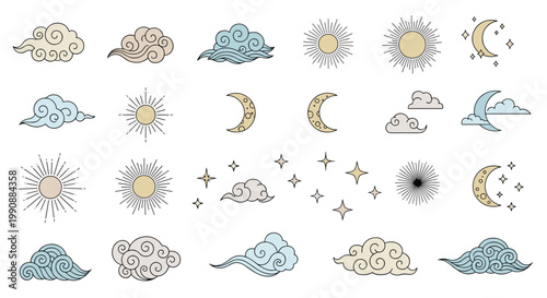 Collection of stylized sun, moon, stars, and cloud symbols in a dreamy gold and blue color palette for mystical and celestial design.
