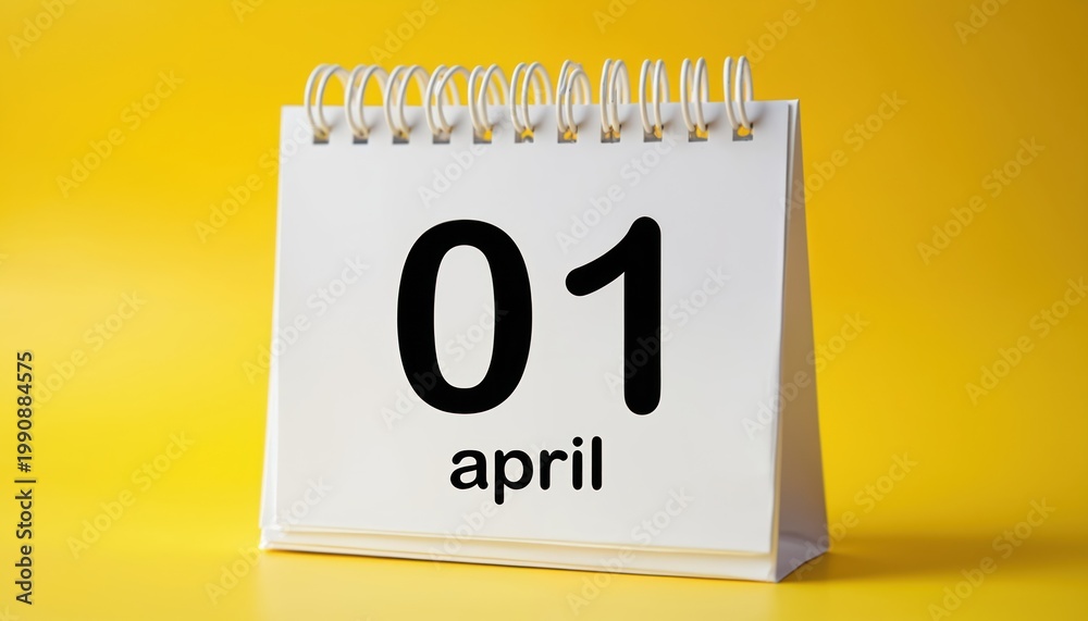 Fototapeta premium Desk calendar shows 01 April date. Reminder for Fools Day celebration. Empty space for custom text or pranks. Yellow background. Holiday event planning.