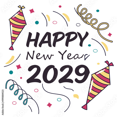 A colorful illustration of a Happy New Year 2029 celebration with party hats and confetti