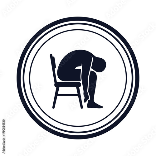 A person sits on a chair with their head down in a circular frame with two concentric borders.