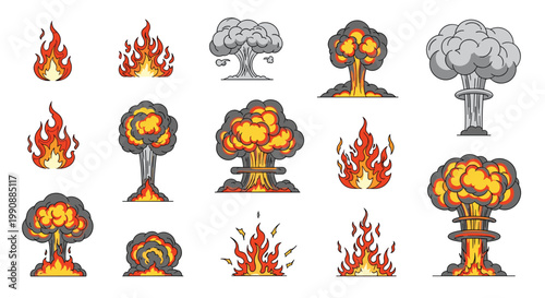 Collection of vector fire flames and powerful explosion icons featuring mushroom clouds and smoke effects in a stylized illustrative manner.