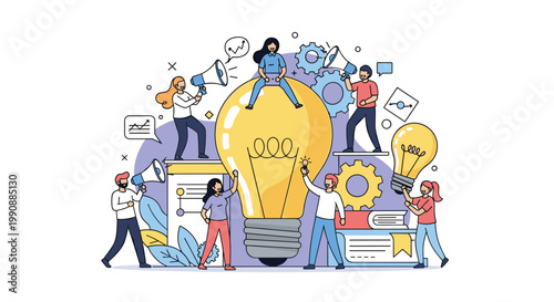 Group of creative professionals working together around a giant glowing light bulb to generate new ideas and innovate successful business.