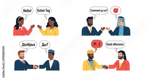 Diverse people from various cultures shaking hands and greeting each other in multiple languages like English, German, and French at work.