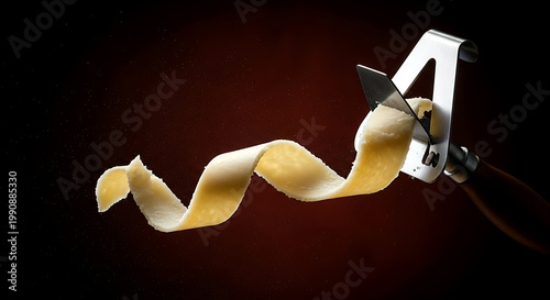 a long, thin shaving of an intensely hard, aged cheese (like a Parmesan style) by a Japanese steel cheese plane, capturing the moment the translucent, crystalline shard detaches 