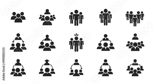 Set of bold black solid icons representing team hierarchy, leadership structures, and organized groups of people for business presentations.