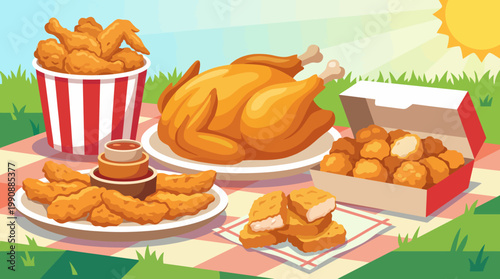 A vibrant picnic spread featuring golden fried chicken, chicken nuggets, and sauces set against a sunny background, evoking a sense of outdoor fun and delight.