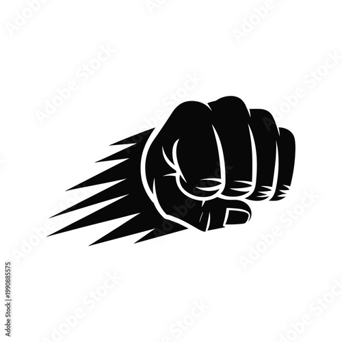 A black and white illustration of a clenched fist with motion lines behind it