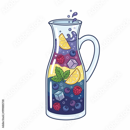 A beautifully designed pitcher filled with colorful fruits, ice cubes, and mint leaves, perfect for summer hydration and refreshing beverages for gatherings or parties.